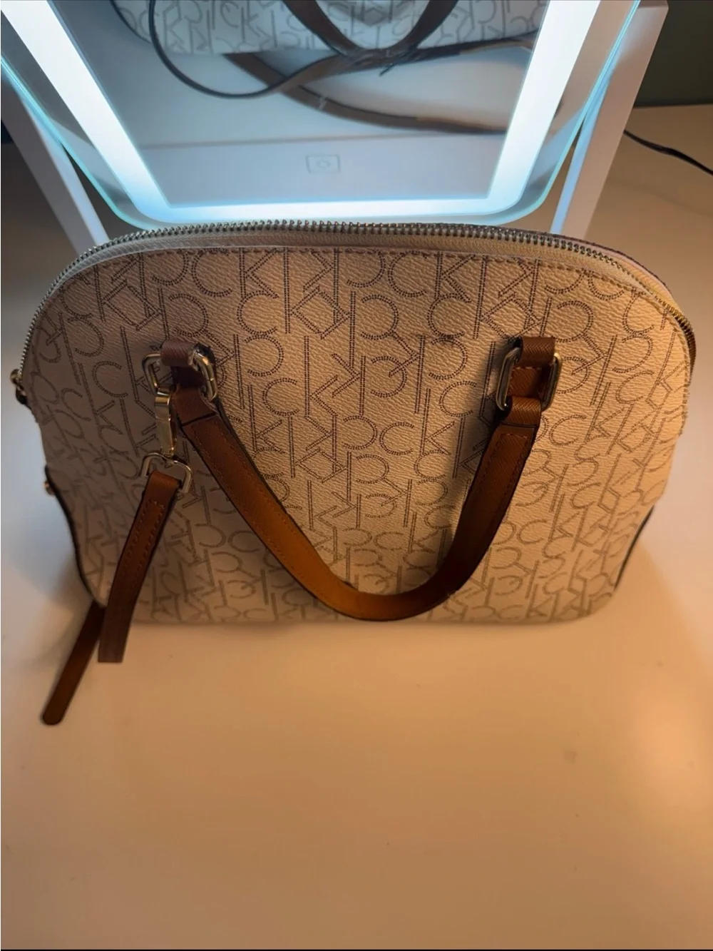 Calvin Klein Cream Logo Dome Satchel with Brown Handles